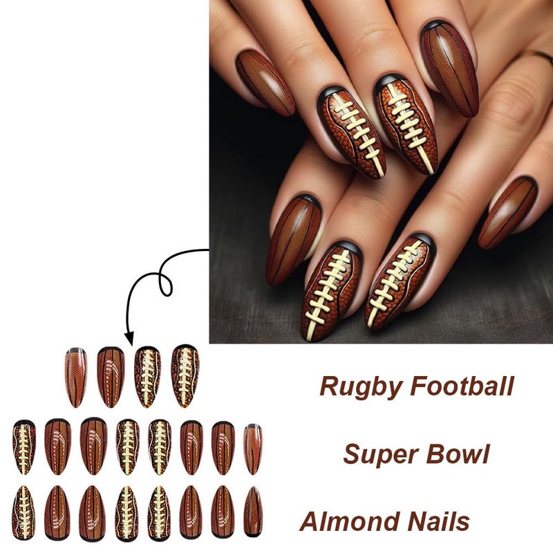 Sevgob Baseball Press on Nails Medium Almond Fake Nails Brown False Nails with Rugby Design Glossy Fall Nails Coffee Summer Nails Reusable Acrylic Nails Press on for Women Girls Manicure 24pcs - Image 3